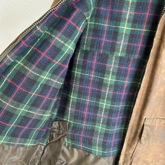 Vtg Argatta Wax Cloth Jacket S Brown Plaid Wool Lined Corduroy Collar Chore - Picture 14 of 16